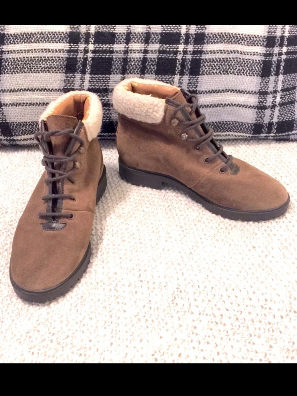 TOP SHOP Women’s Suede Faux Fur Brown Lace Up Ankle Boots Sz 37
